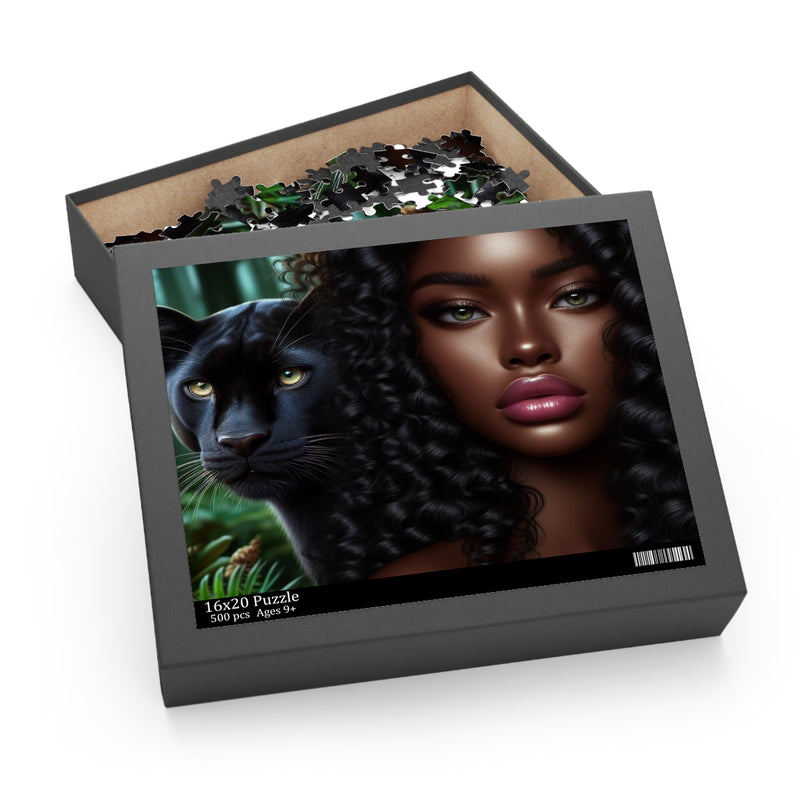 Art Puzzle Jungle African American Woman, Panther Big Cat Design