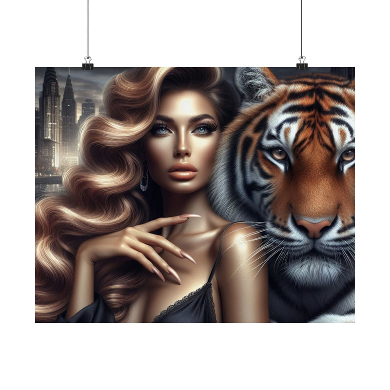 Digital Artwork Gorgeous Lady & Tiger Frameable Poster