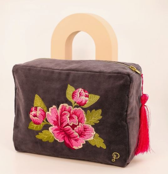 Painted Peony Velvet Wash Bag, Cosmetics Bag, Toiletry Case