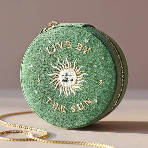 Sun and Moon Embroidered Round Jewellery Case in Green