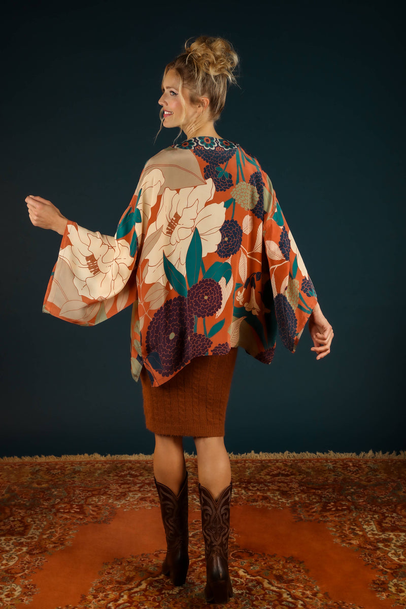 Luxe Winter Floral Kimono Jacket - Terracotta