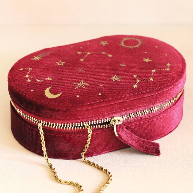Starry Night Velvet Oval Jewellery Case in Red