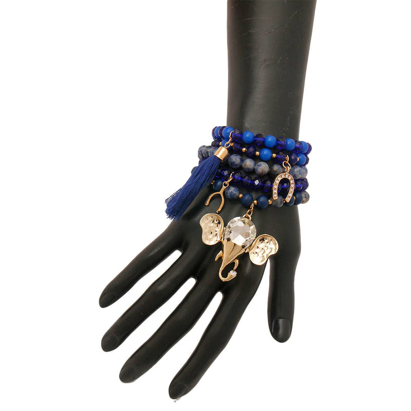 Blue Bead Elephant Charm Bracelet Set