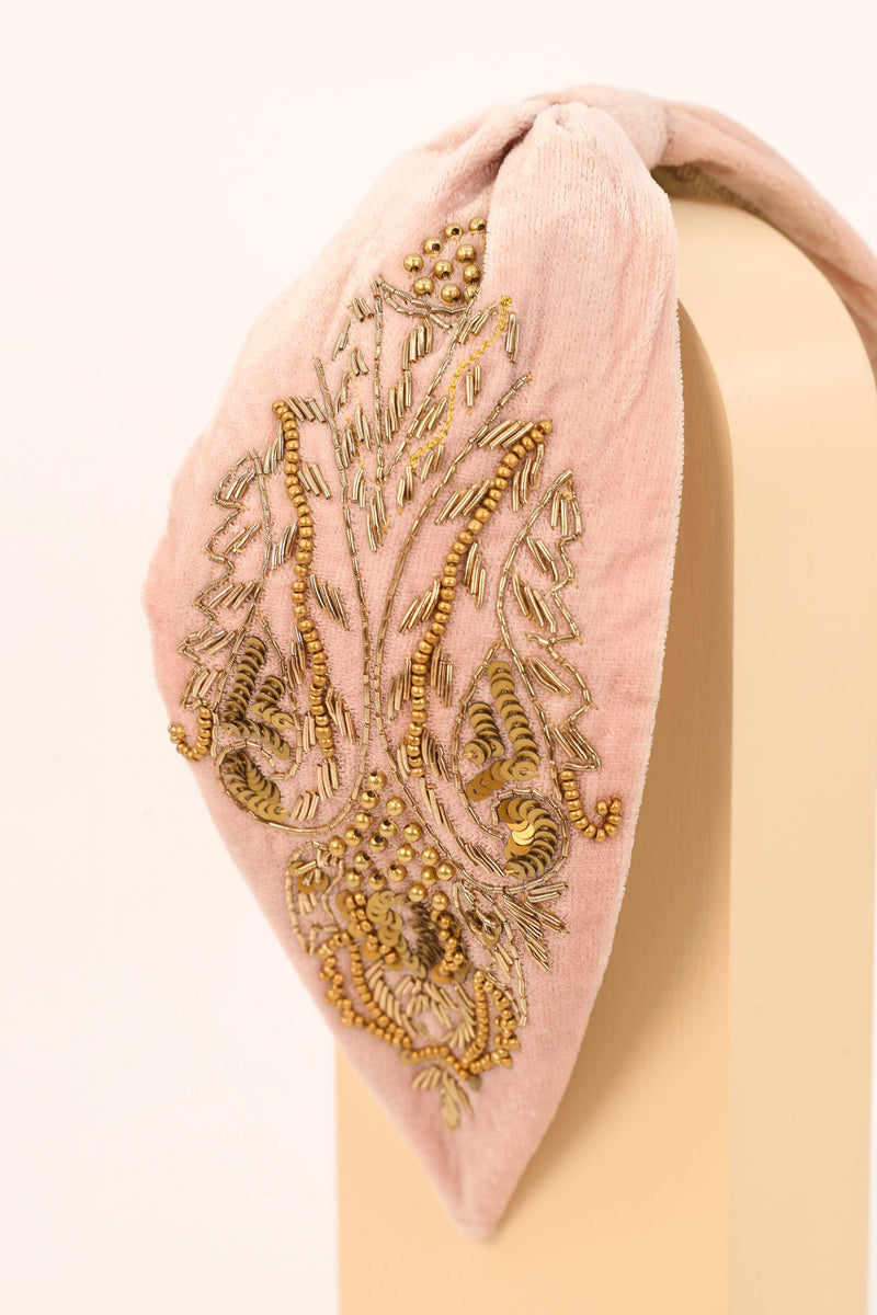 Pink Embellished Wide Velvet Headband - Petal, Sequins, Beaded, Rhinestones