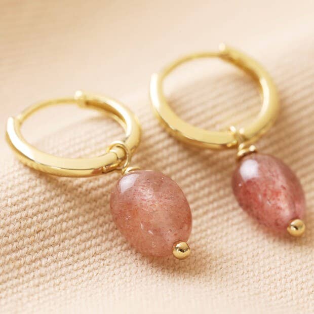 Strawberry Quartz Stone Hoop Earrings in Gold