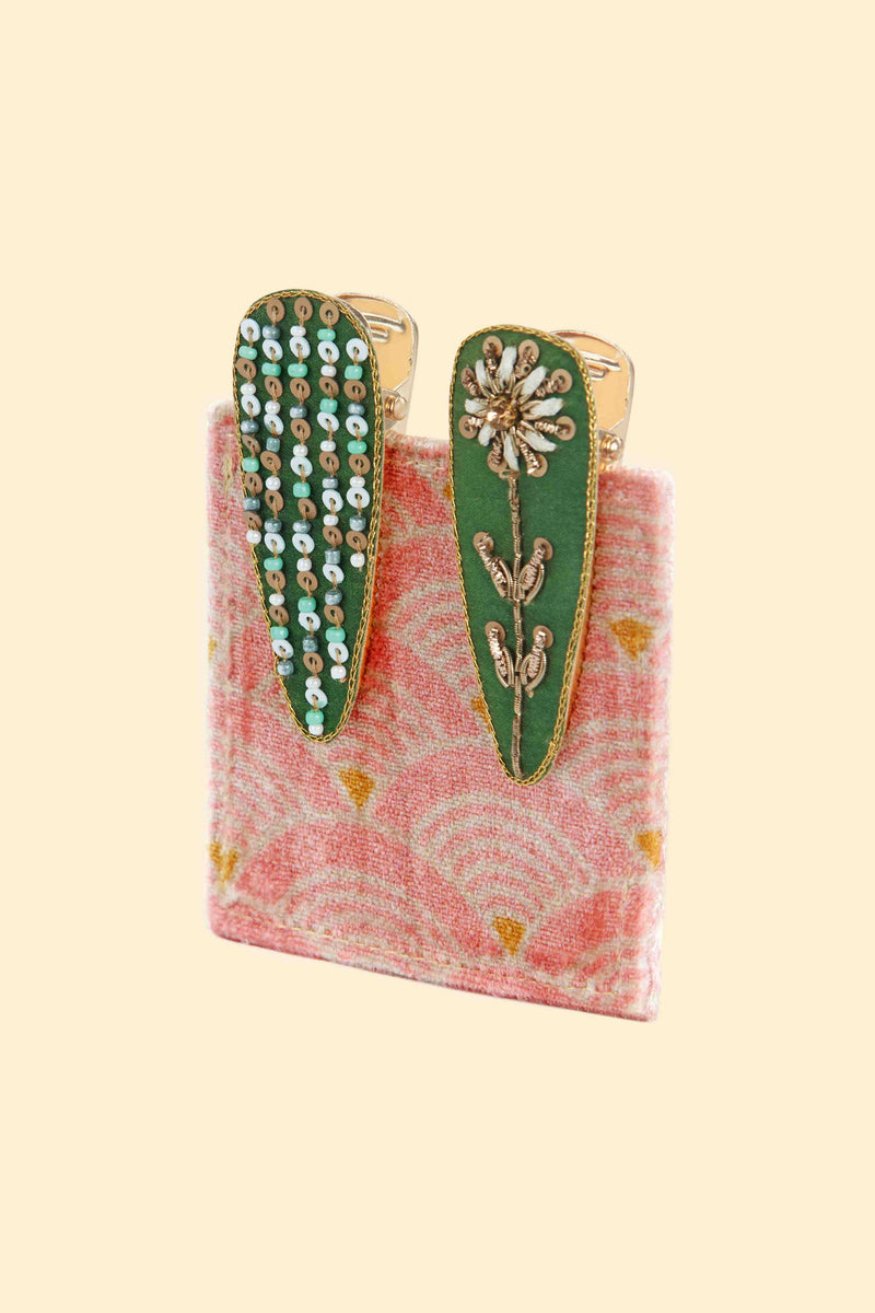 Green Jewelled Hair Clips (Set of 2) - Flower and Stripe