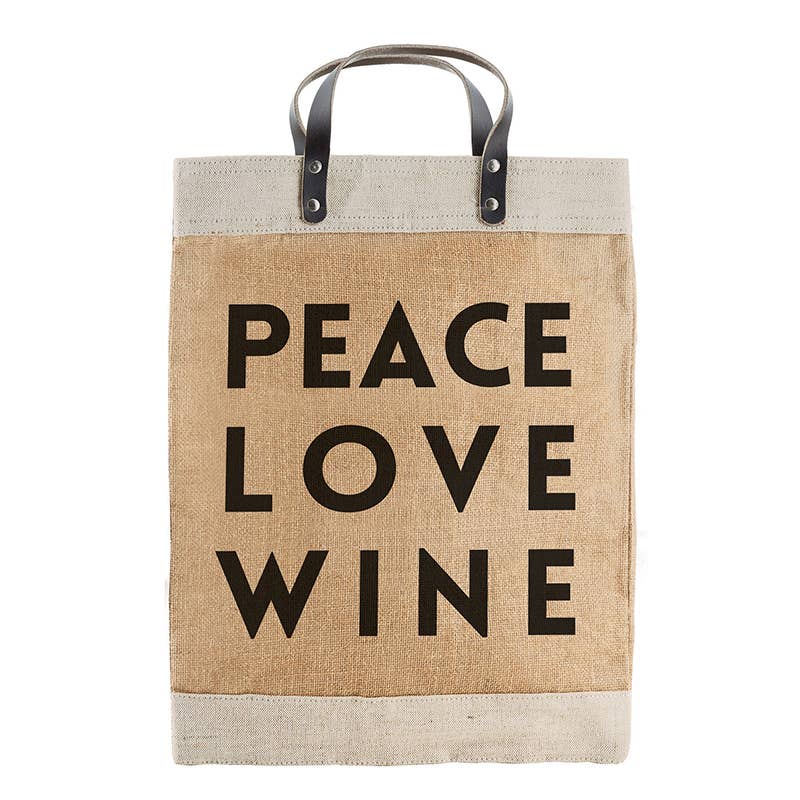Large Jute & Leather Market Tote-Peace Love Wine