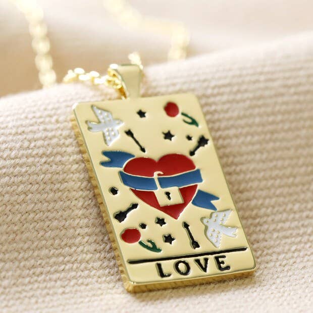 Enamel Love Tarot Card Style Necklace in Gold