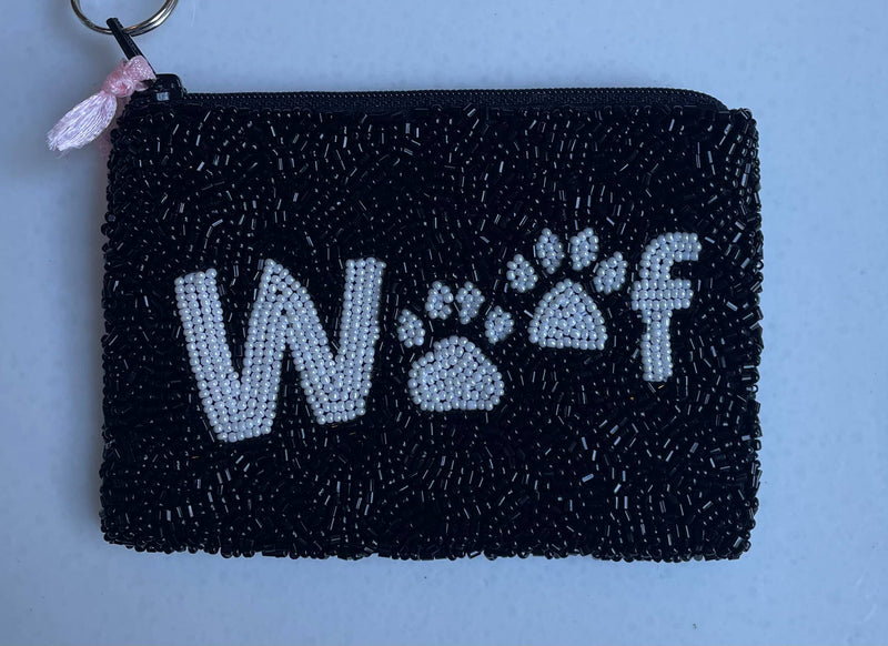 WOOF Paw Print Beaded Coin Purse