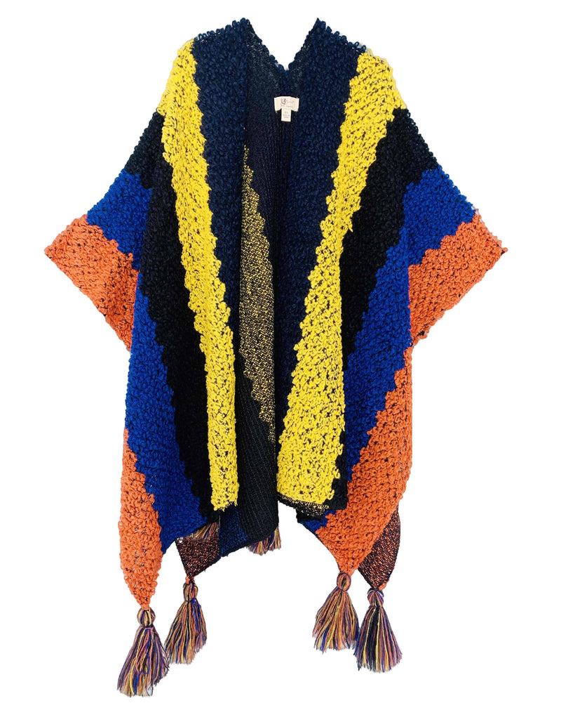 JC063333 5-Color-Tones Crochet Tassel-Accent Ruana-Yellow