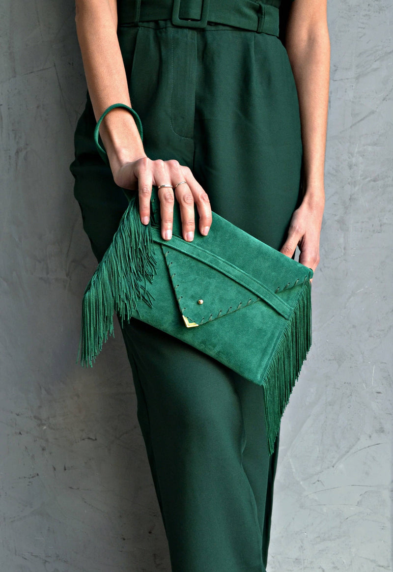Medusa clutch in emerald with silk fringes
