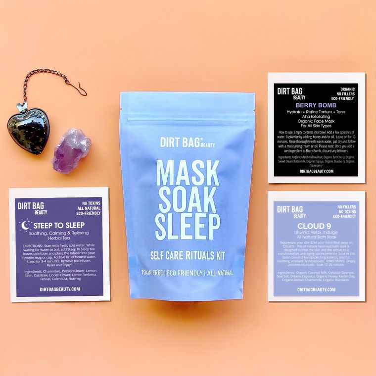 Facial Mask, Bath Soak, Tea, Infuser, Amethyst Crystal - Self Care Kit